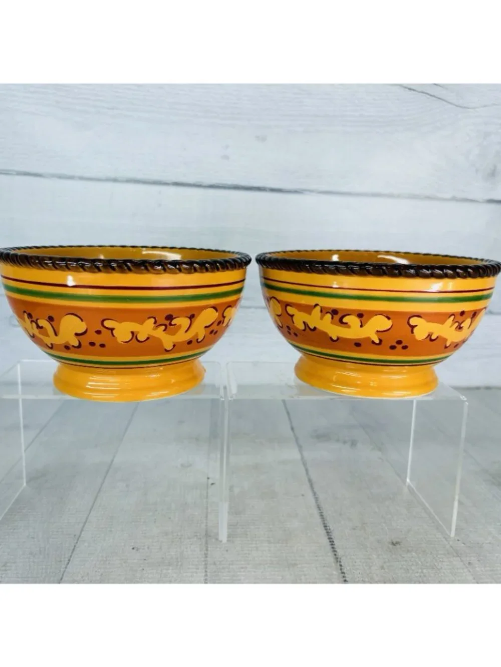 Celebrating Home TUSCAN Orange Yellow Stoneware Footed Soup Cereal Bowls Set 2